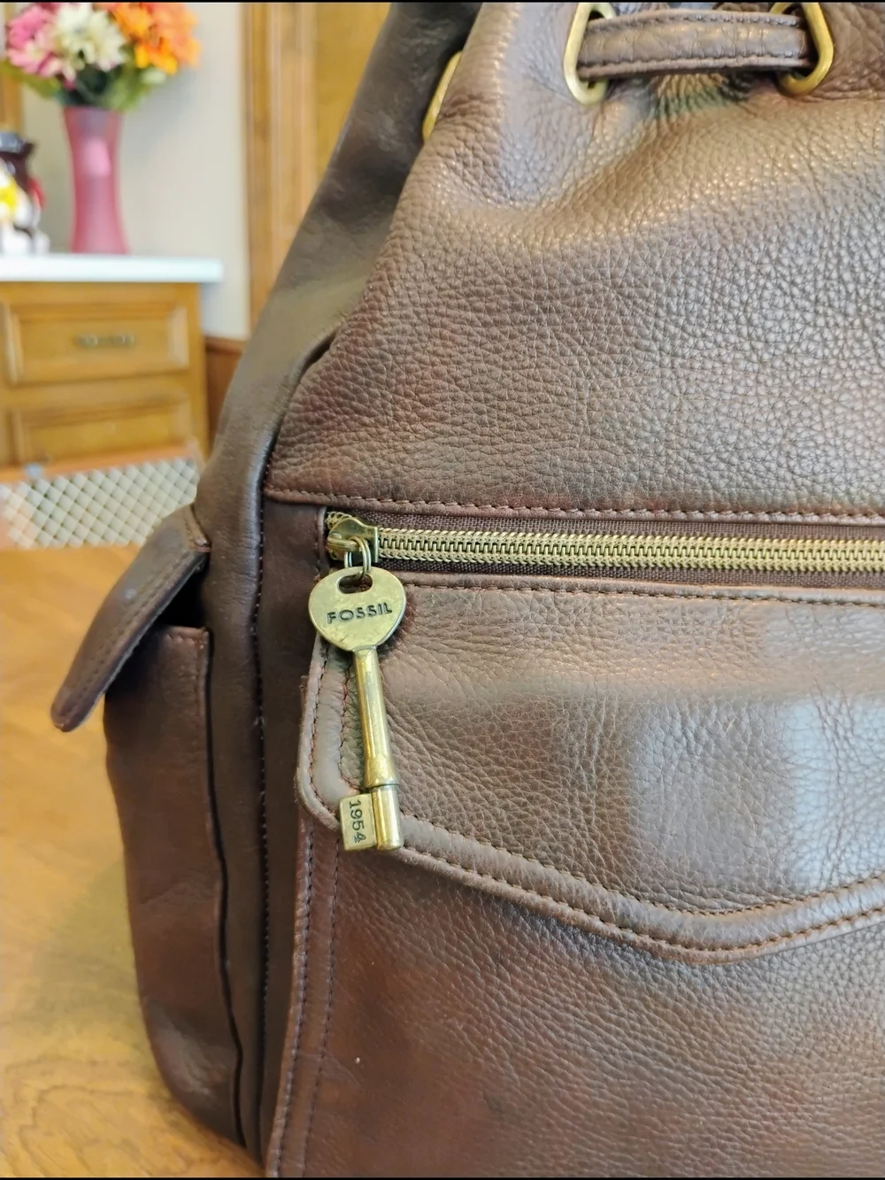 Fossil Dark Brown Pebble Grain Leather Drawstring Flap Bucket Backpack / Purse